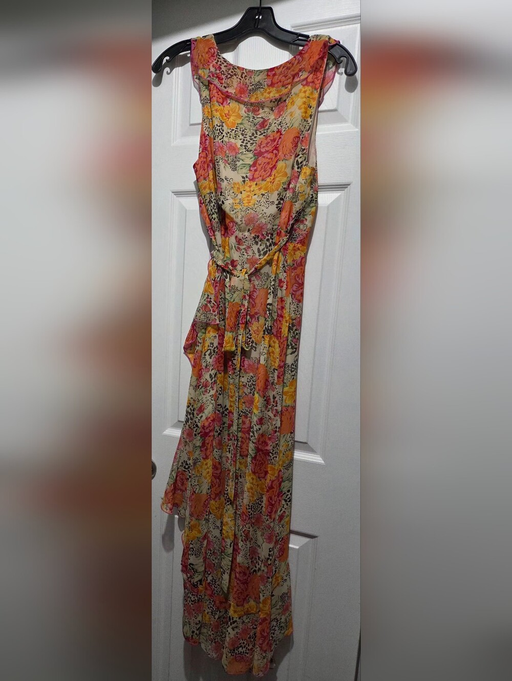 Guess Floral Ruffle High-Low Dress in Pink, Yellow, Cream - Picture 2 of 9